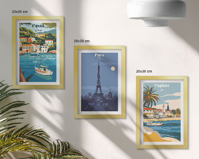 Conjunto de 3 quadros decorativos Vistas de cidades costeiras e sua arquitetura.