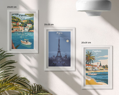 Conjunto de 3 quadros decorativos Vistas de cidades costeiras e sua arquitetura.