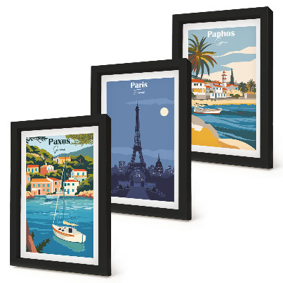 Conjunto de 3 quadros decorativos Vistas de cidades costeiras e sua arquitetura.