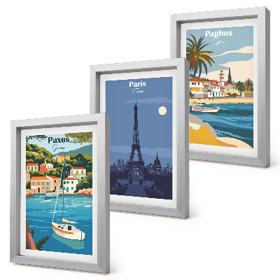Conjunto de 3 quadros decorativos Vistas de cidades costeiras e sua arquitetura.