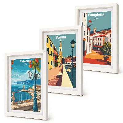 Conjunto de molduras com imagens Cidades populares em estilo ilustrativo retrô