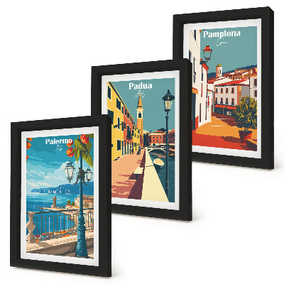 Conjunto de molduras com imagens Cidades populares em estilo ilustrativo retrô
