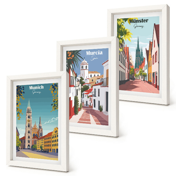 Tríptico com moldura Cidades europeias em ilustrações coloridas