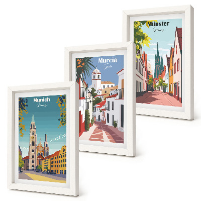 Tríptico com moldura Cidades europeias em ilustrações coloridas