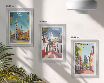 Tríptico com moldura Cidades europeias em ilustrações coloridas