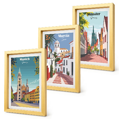 Tríptico com moldura Cidades europeias em ilustrações coloridas