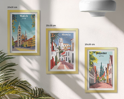 Tríptico com moldura Cidades europeias em ilustrações coloridas