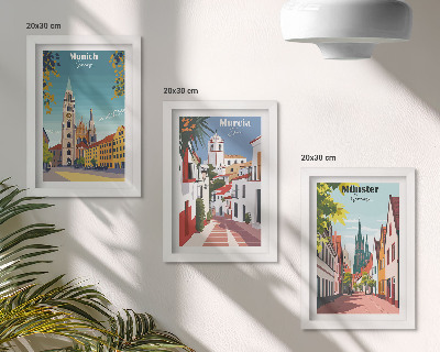 Tríptico com moldura Cidades europeias em ilustrações coloridas