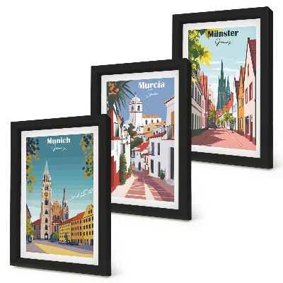 Tríptico com moldura Cidades europeias em ilustrações coloridas