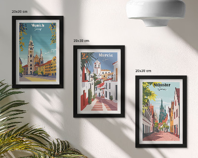 Tríptico com moldura Cidades europeias em ilustrações coloridas