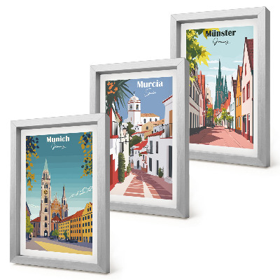 Tríptico com moldura Cidades europeias em ilustrações coloridas
