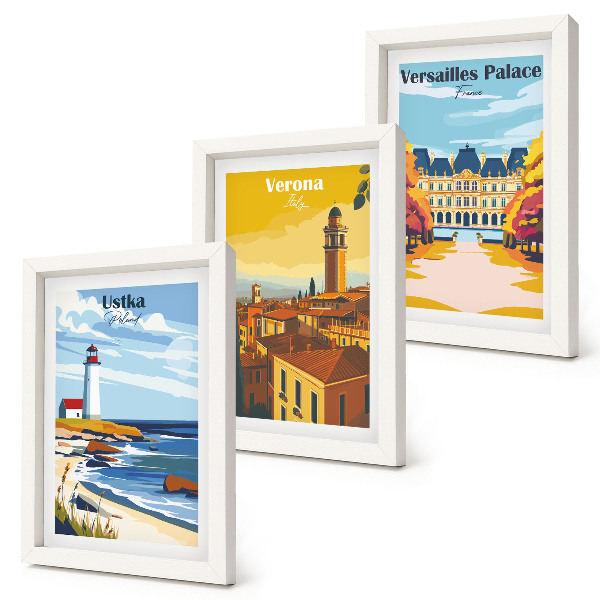 Conjunto de 3 quadros decorativos Vistas de lugares famosos à beira-mar e nas cidades.