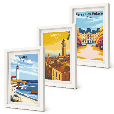Conjunto de 3 quadros decorativos Vistas de lugares famosos à beira-mar e nas cidades.