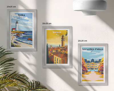 Conjunto de 3 quadros decorativos Vistas de lugares famosos à beira-mar e nas cidades.