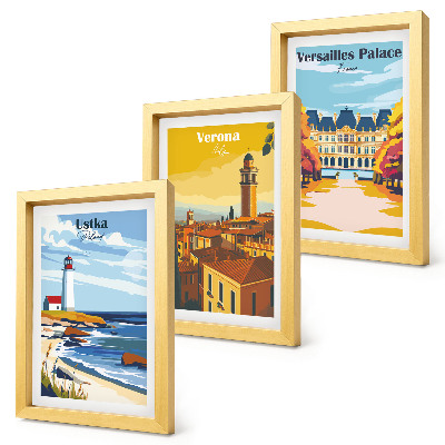 Conjunto de 3 quadros decorativos Vistas de lugares famosos à beira-mar e nas cidades.