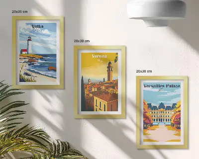 Conjunto de 3 quadros decorativos com vistas de lugares famosos à beira-mar e em cidades