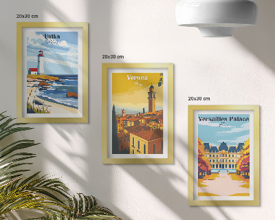Conjunto de 3 quadros decorativos Vistas de lugares famosos à beira-mar e nas cidades.