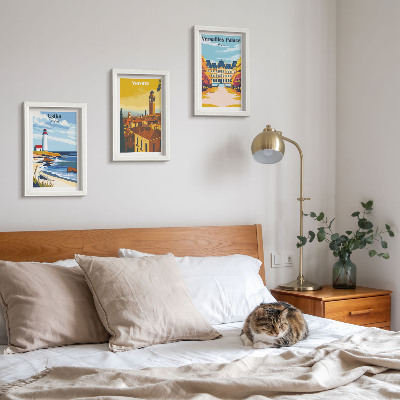 Conjunto de 3 quadros decorativos Vistas de lugares famosos à beira-mar e nas cidades.