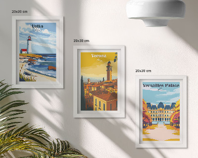 Conjunto de 3 quadros decorativos Vistas de lugares famosos à beira-mar e nas cidades.