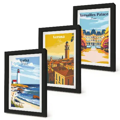 Conjunto de 3 quadros decorativos com vistas de lugares famosos à beira-mar e em cidades