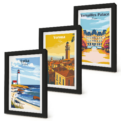 Conjunto de 3 quadros decorativos Vistas de lugares famosos à beira-mar e nas cidades.