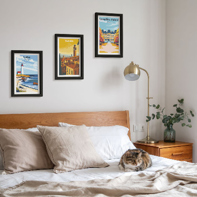 Conjunto de 3 quadros decorativos Vistas de lugares famosos à beira-mar e nas cidades.