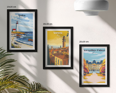Conjunto de 3 quadros decorativos Vistas de lugares famosos à beira-mar e nas cidades.