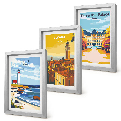 Conjunto de 3 quadros decorativos Vistas de lugares famosos à beira-mar e nas cidades.