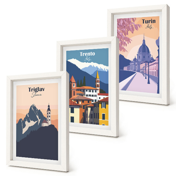 Conjunto de molduras com imagens Ilustrações coloridas de montanhas e arquitetura retrô.