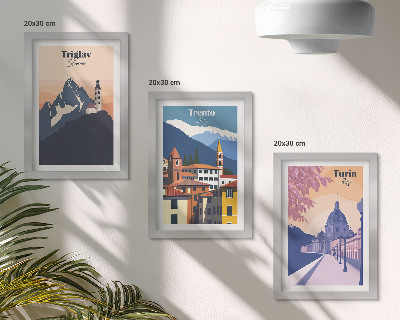 Conjunto de molduras com imagens Ilustrações coloridas de montanhas e arquitetura retrô.