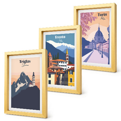 Conjunto de molduras com imagens Ilustrações coloridas de montanhas e arquitetura retrô.