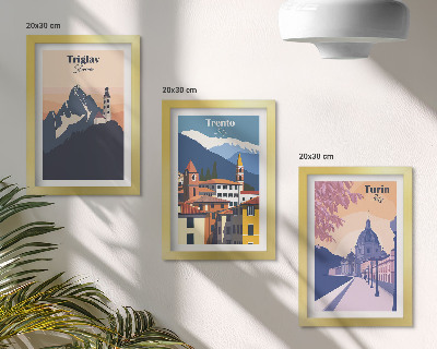 Conjunto de molduras com imagens Ilustrações coloridas de montanhas e arquitetura retrô.