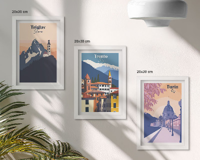 Conjunto de molduras com imagens Ilustrações coloridas de montanhas e arquitetura retrô.