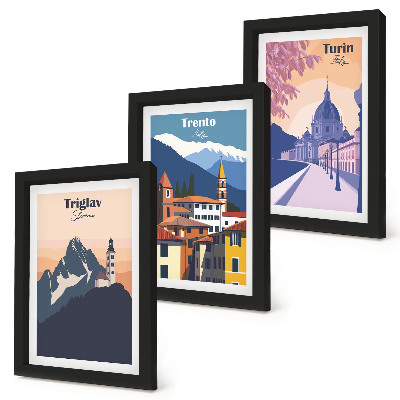 Conjunto de molduras com imagens Ilustrações coloridas de montanhas e arquitetura retrô.