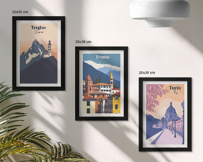 Conjunto de molduras com imagens Ilustrações coloridas de montanhas e arquitetura retrô.