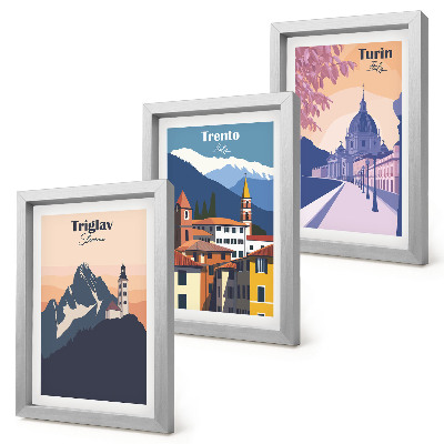 Conjunto de molduras com imagens Ilustrações coloridas de montanhas e arquitetura retrô.