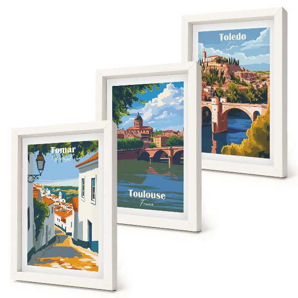 Tríptico com moldura Ilustrações em estilo retrô de cidades famosas