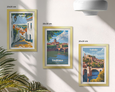 Tríptico com moldura Ilustrações em estilo retrô de cidades famosas