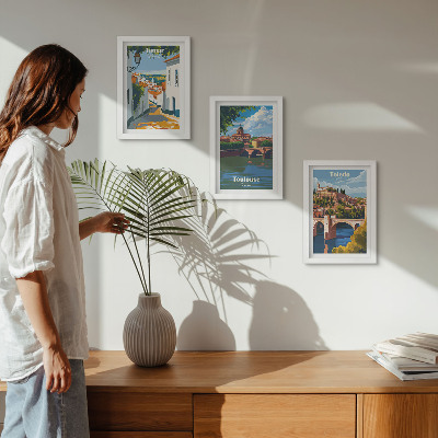 Tríptico com moldura Ilustrações em estilo retrô de cidades famosas