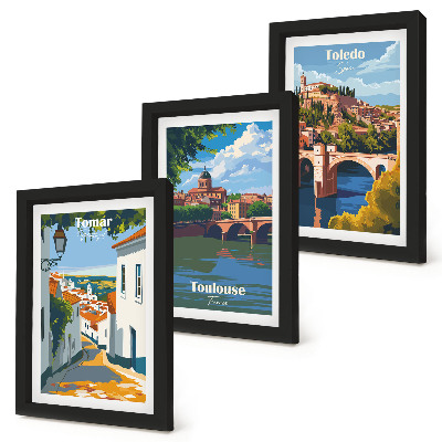 Tríptico com moldura Ilustrações em estilo retrô de cidades famosas