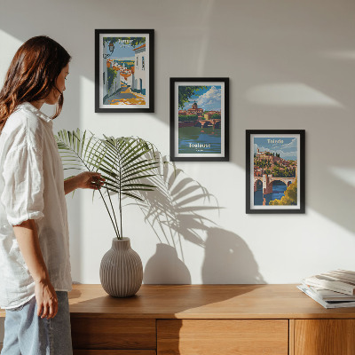 Tríptico com moldura Ilustrações em estilo retrô de cidades famosas