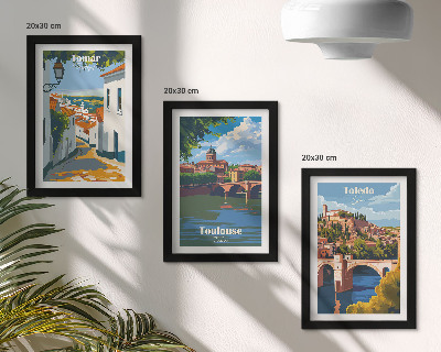 Tríptico com moldura Ilustrações em estilo retrô de cidades famosas