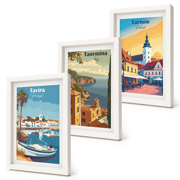 Conjunto de 3 quadros decorativos Vistas de cidades costeiras e sua arquitetura.