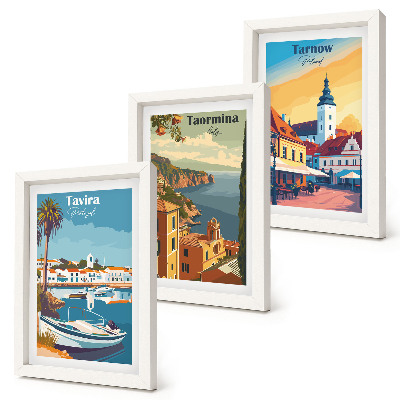Conjunto de 3 quadros decorativos Vistas de cidades costeiras e sua arquitetura.