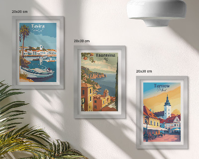 Conjunto de 3 quadros decorativos Vistas de cidades costeiras e sua arquitetura.
