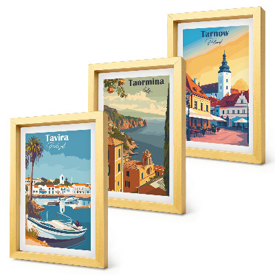 Conjunto de 3 quadros decorativos Vistas de cidades costeiras e sua arquitetura.