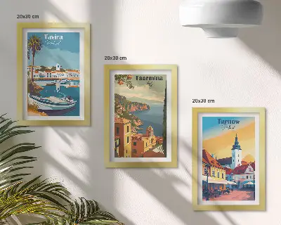 Conjunto de 3 quadros decorativos com vistas de cidades costeiras e sua arquitetura