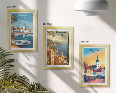 Conjunto de 3 quadros decorativos Vistas de cidades costeiras e sua arquitetura.
