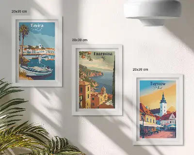 Conjunto de 3 quadros decorativos com vistas de cidades costeiras e sua arquitetura