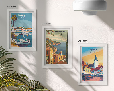 Conjunto de 3 quadros decorativos Vistas de cidades costeiras e sua arquitetura.